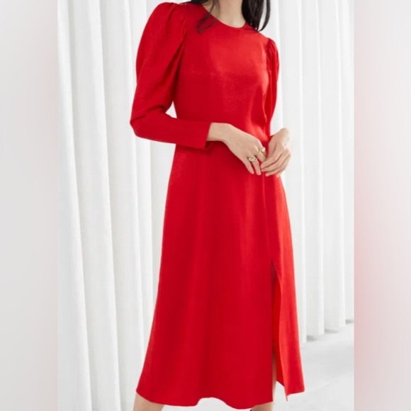 & Other Stories Jacquard Puff Sleeve Midi Dress 2 - Picture 1 of 12